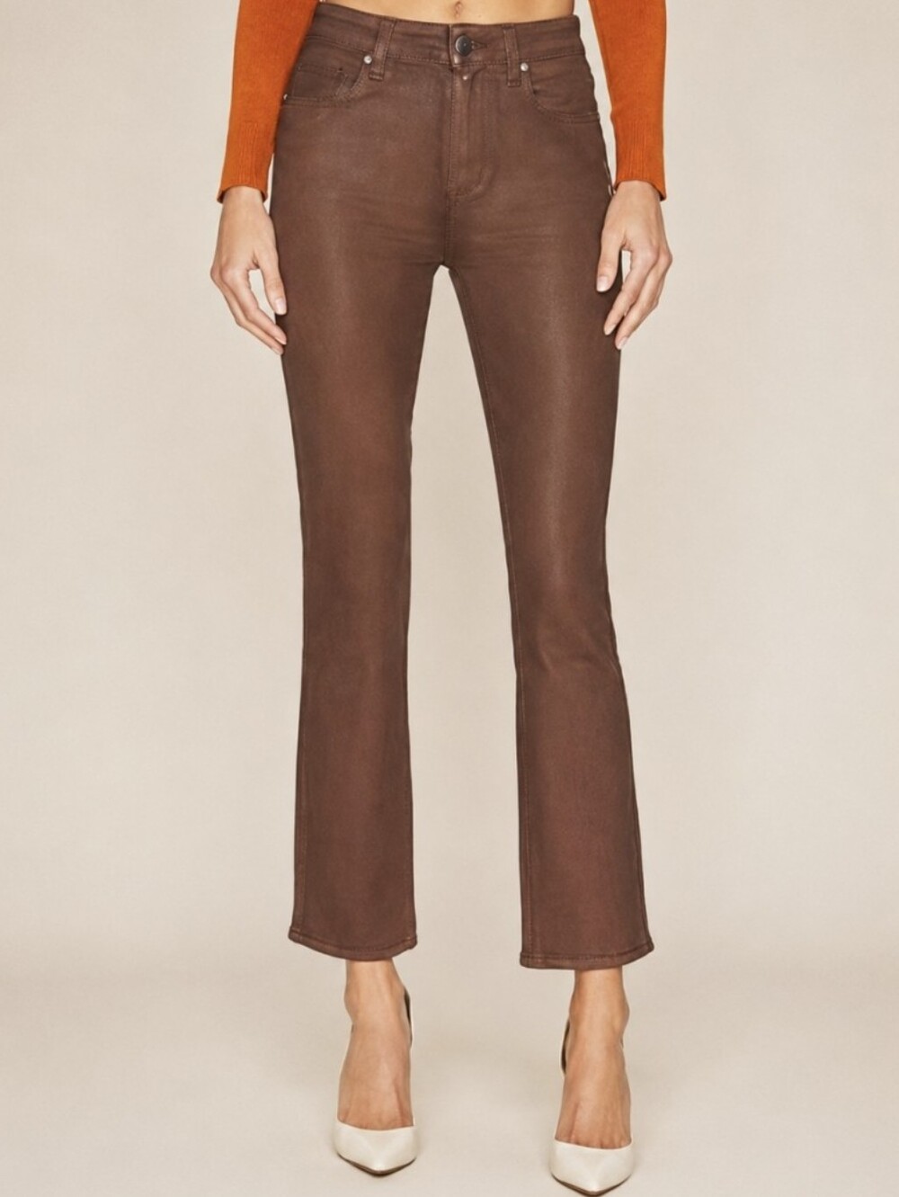 Paige Cindy Cognac Luxe Coating Denim Cropped Brown Jeans Women's Sz 34 NEW $239